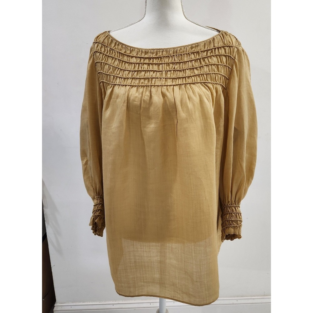 Lafayette 148 New York Smocked Ramie Tencel Blouse Mustard Yellow 1X